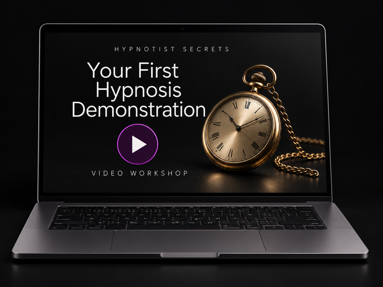Your First Hypnosis Demonstration video workshop shown on a laptop with a play symbol.